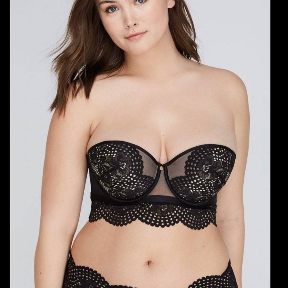 CACIQUE Longline Black Lace Scalloped Lightly Lined Strapless Bra Plus Size 44F